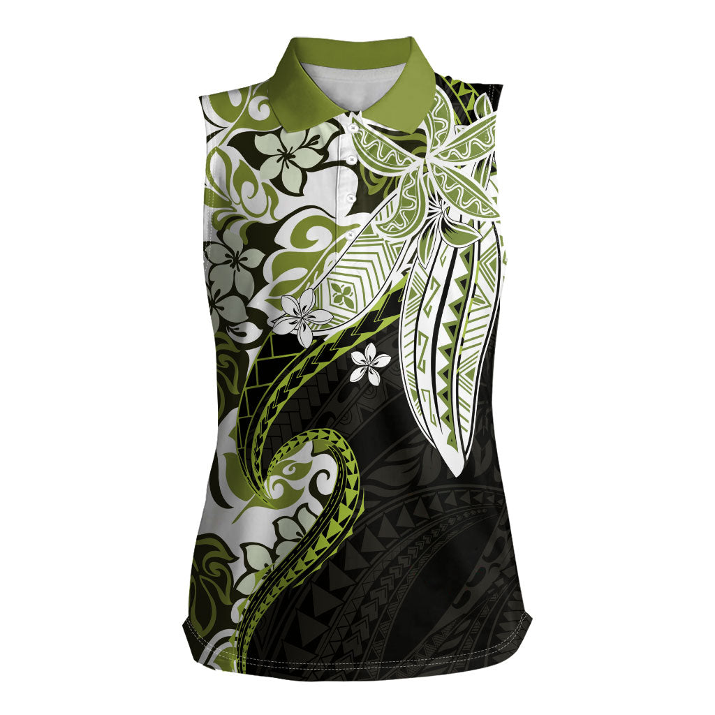 Monstera Plumeria Flowers Olive Green Women Sleeveless Polo Shirt Polynesian Pattern LT01 Female Green - Polynesian Pride