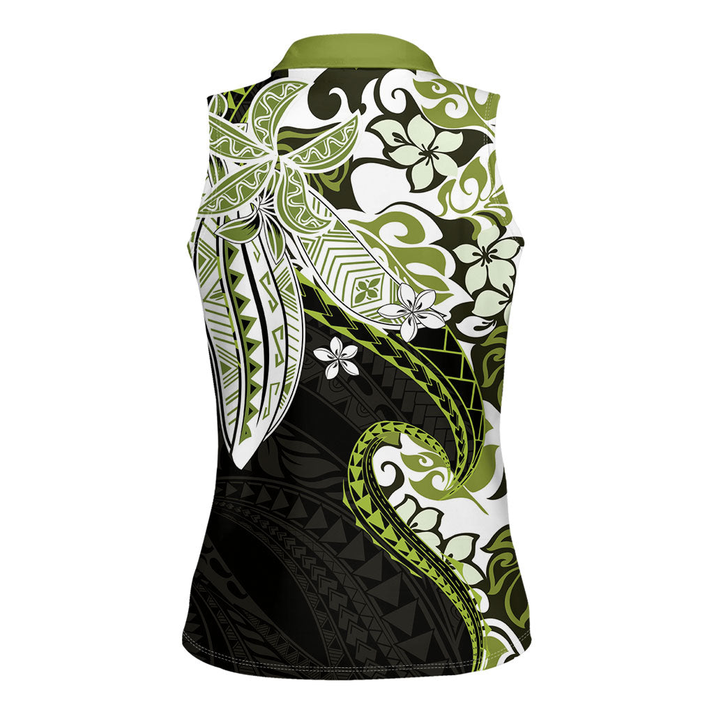 Monstera Plumeria Flowers Olive Green Women Sleeveless Polo Shirt Polynesian Pattern LT01 - Polynesian Pride