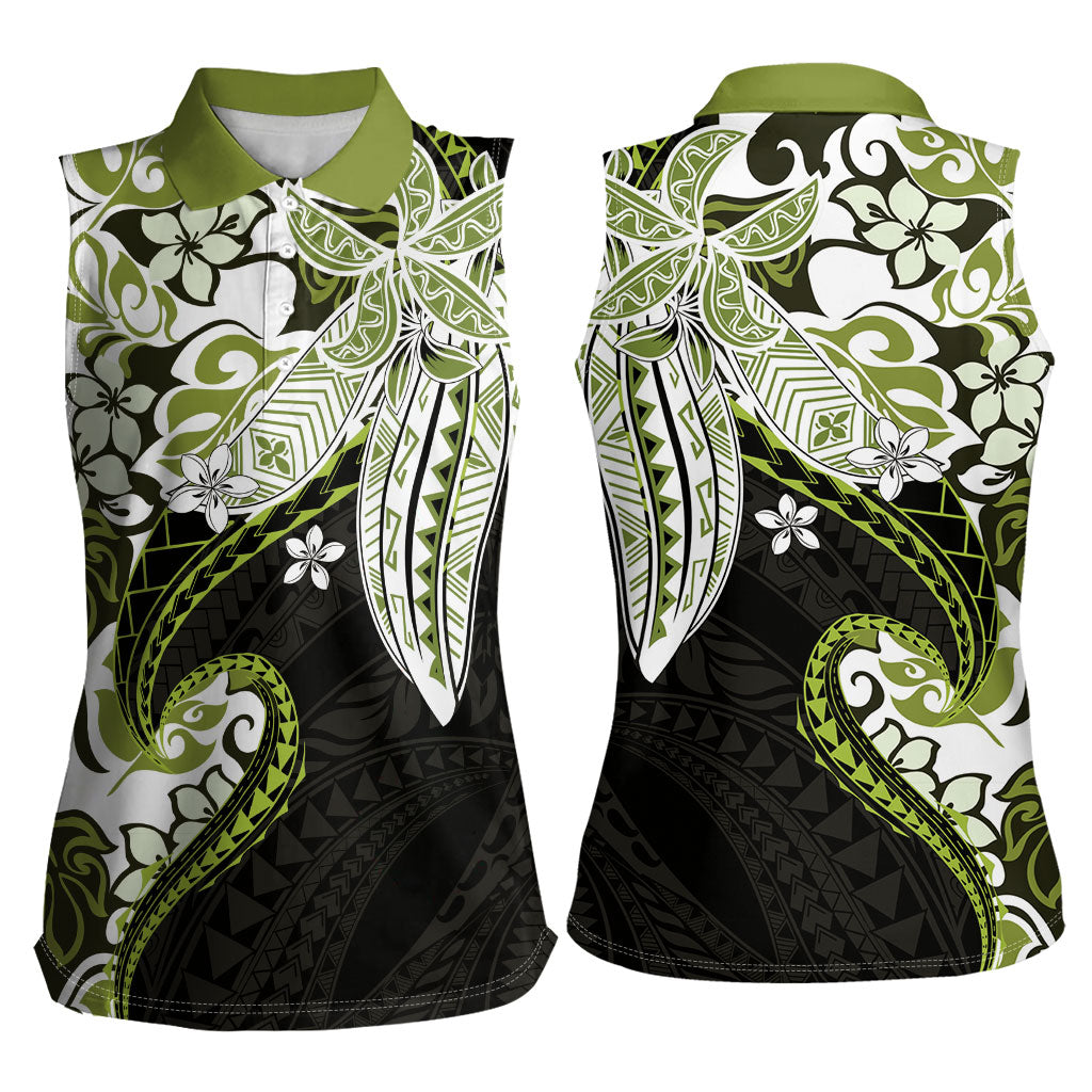 Monstera Plumeria Flowers Olive Green Women Sleeveless Polo Shirt Polynesian Pattern LT01 - Polynesian Pride