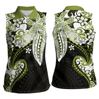 Monstera Plumeria Flowers Olive Green Women Sleeveless Polo Shirt Polynesian Pattern LT01 - Polynesian Pride