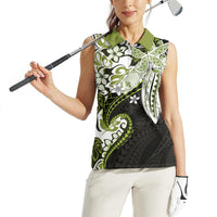 Monstera Plumeria Flowers Olive Green Women Sleeveless Polo Shirt Polynesian Pattern LT01 - Polynesian Pride