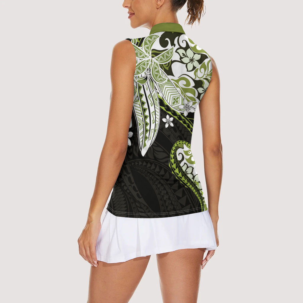 Monstera Plumeria Flowers Olive Green Women Sleeveless Polo Shirt Polynesian Pattern LT01 - Polynesian Pride