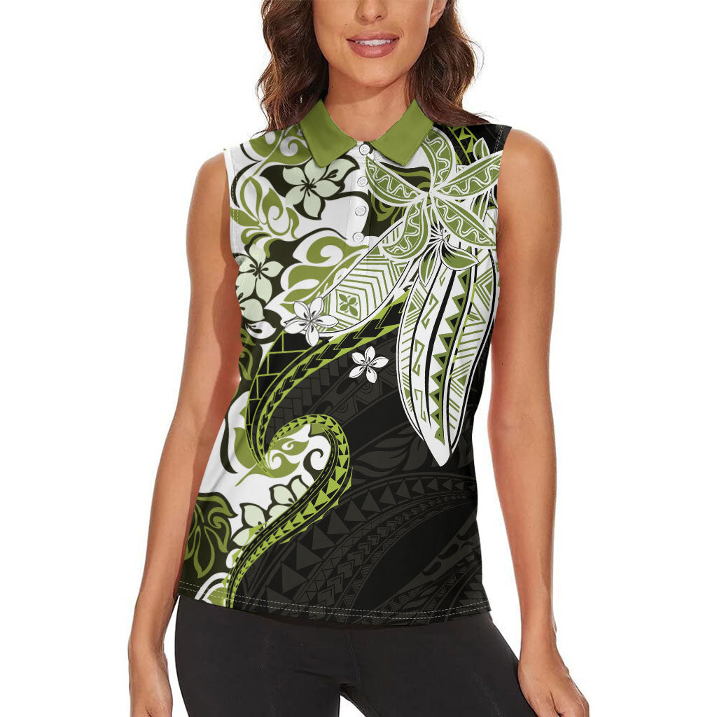 Monstera Plumeria Flowers Olive Green Women Sleeveless Polo Shirt Polynesian Pattern LT01 - Polynesian Pride