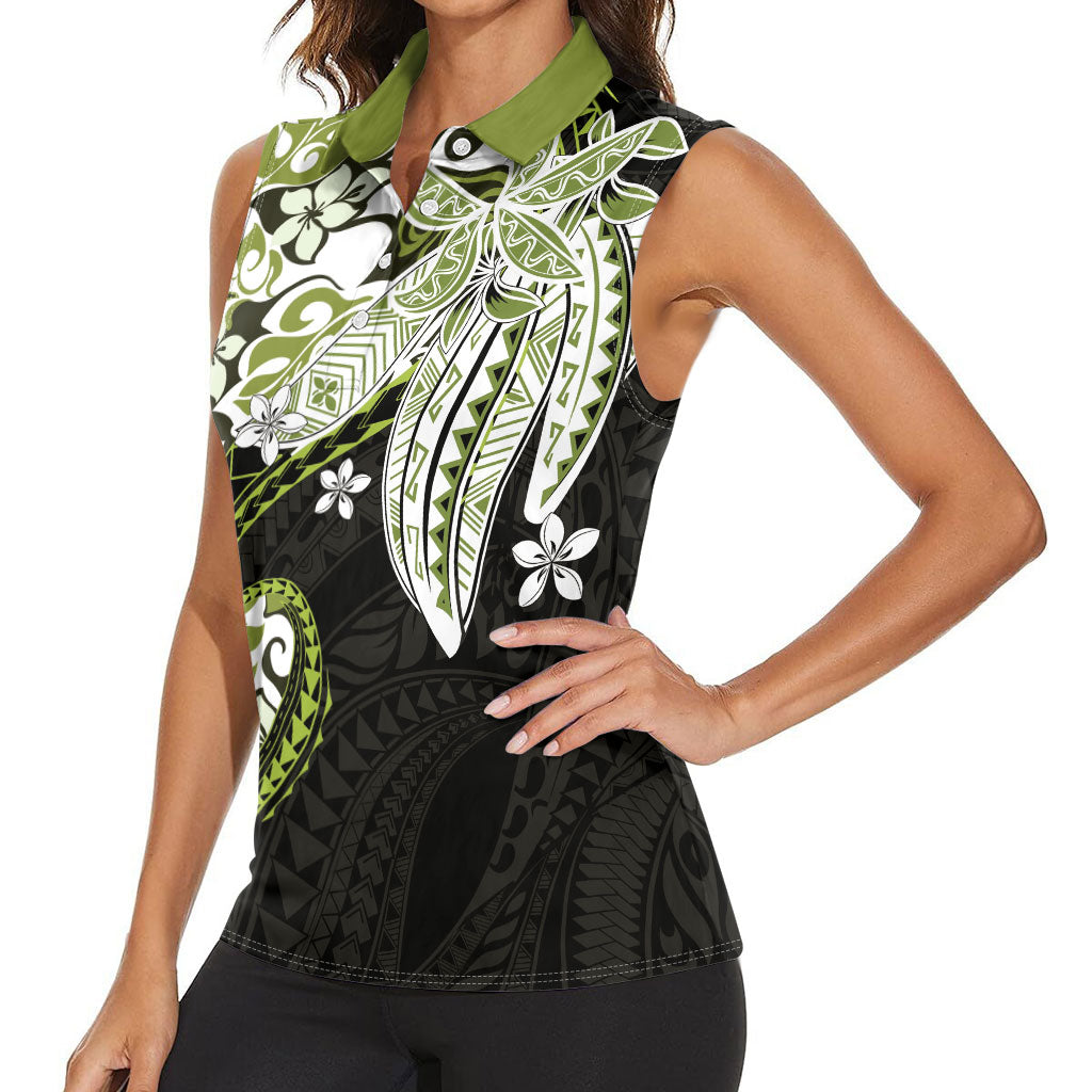 Monstera Plumeria Flowers Olive Green Women Sleeveless Polo Shirt Polynesian Pattern LT01 - Polynesian Pride