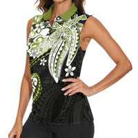Monstera Plumeria Flowers Olive Green Women Sleeveless Polo Shirt Polynesian Pattern LT01 - Polynesian Pride