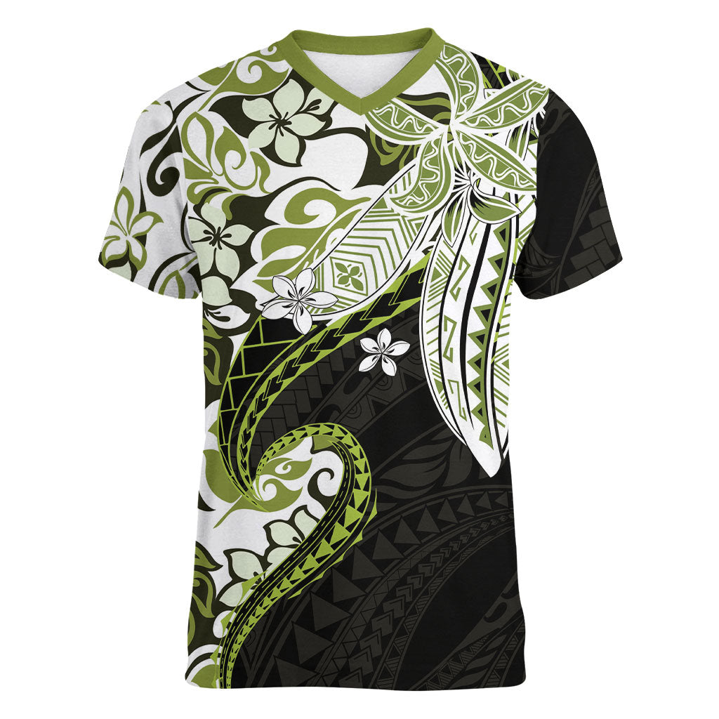 Monstera Plumeria Flowers Olive Green Women V-Neck T-Shirt Polynesian Pattern LT01 Female Green - Polynesian Pride