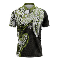 Monstera Plumeria Flowers Olive Green Zipper Polo Shirt Polynesian Pattern LT01 Green - Polynesian Pride