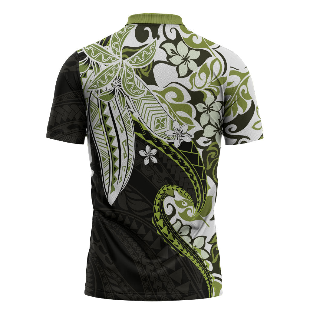 Monstera Plumeria Flowers Olive Green Zipper Polo Shirt Polynesian Pattern LT01 - Polynesian Pride