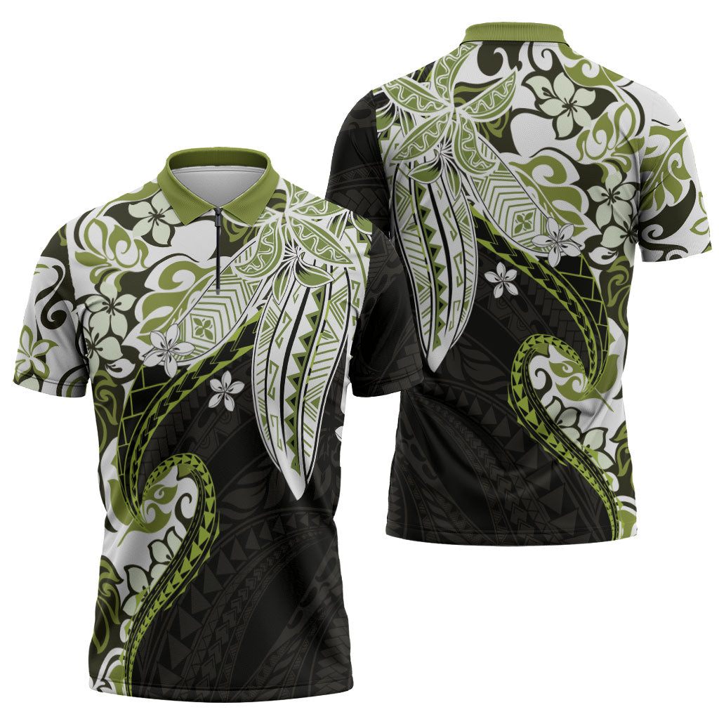 Monstera Plumeria Flowers Olive Green Zipper Polo Shirt Polynesian Pattern LT01 - Polynesian Pride