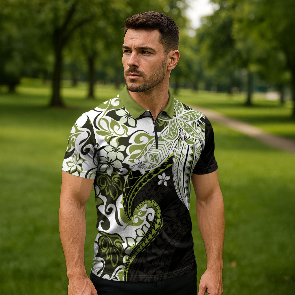 Monstera Plumeria Flowers Olive Green Zipper Polo Shirt Polynesian Pattern LT01 - Polynesian Pride