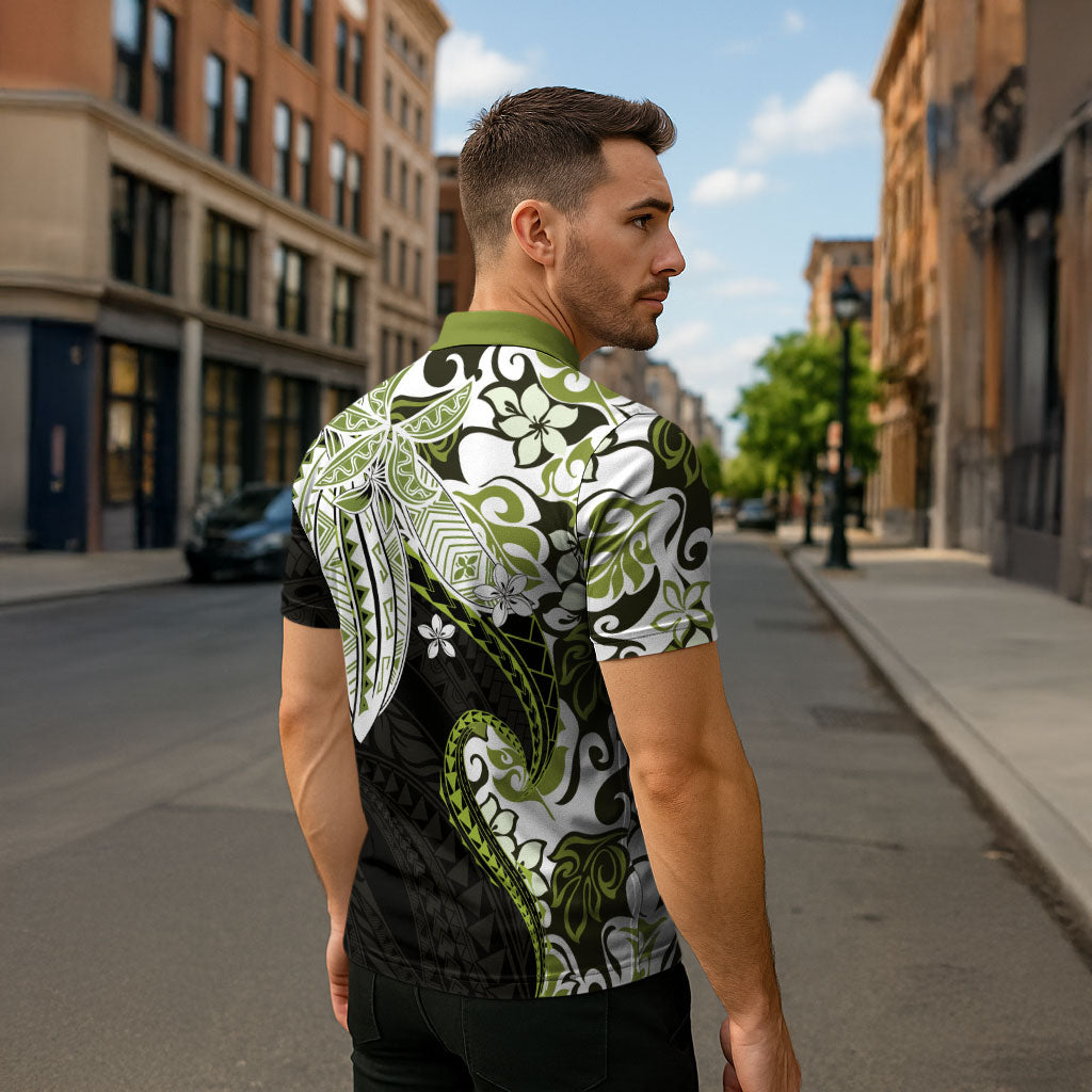 Monstera Plumeria Flowers Olive Green Zipper Polo Shirt Polynesian Pattern LT01 - Polynesian Pride