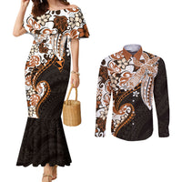 Monstera Plumeria Flowers Orange Couples Matching Mermaid Dress and Long Sleeve Button Shirt Polynesian Pattern LT01 Orange - Polynesian Pride