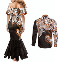 Monstera Plumeria Flowers Orange Couples Matching Mermaid Dress and Long Sleeve Button Shirt Polynesian Pattern LT01 - Polynesian Pride
