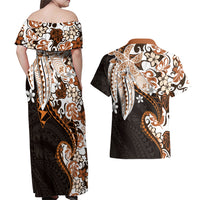 Monstera Plumeria Flowers Orange Couples Matching Off Shoulder Maxi Dress and Hawaiian Shirt Polynesian Pattern LT01 - Polynesian Pride