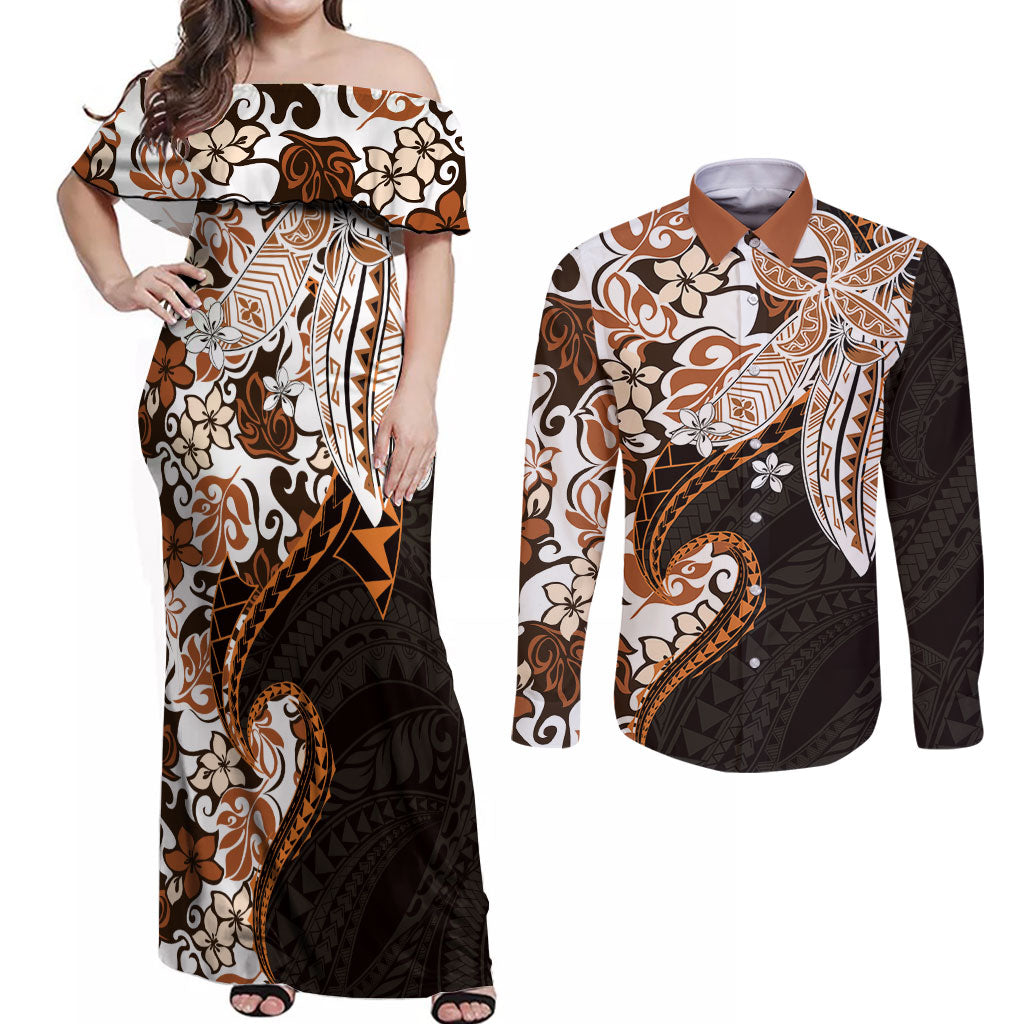 Monstera Plumeria Flowers Orange Couples Matching Off Shoulder Maxi Dress and Long Sleeve Button Shirt Polynesian Pattern LT01 Orange - Polynesian Pride