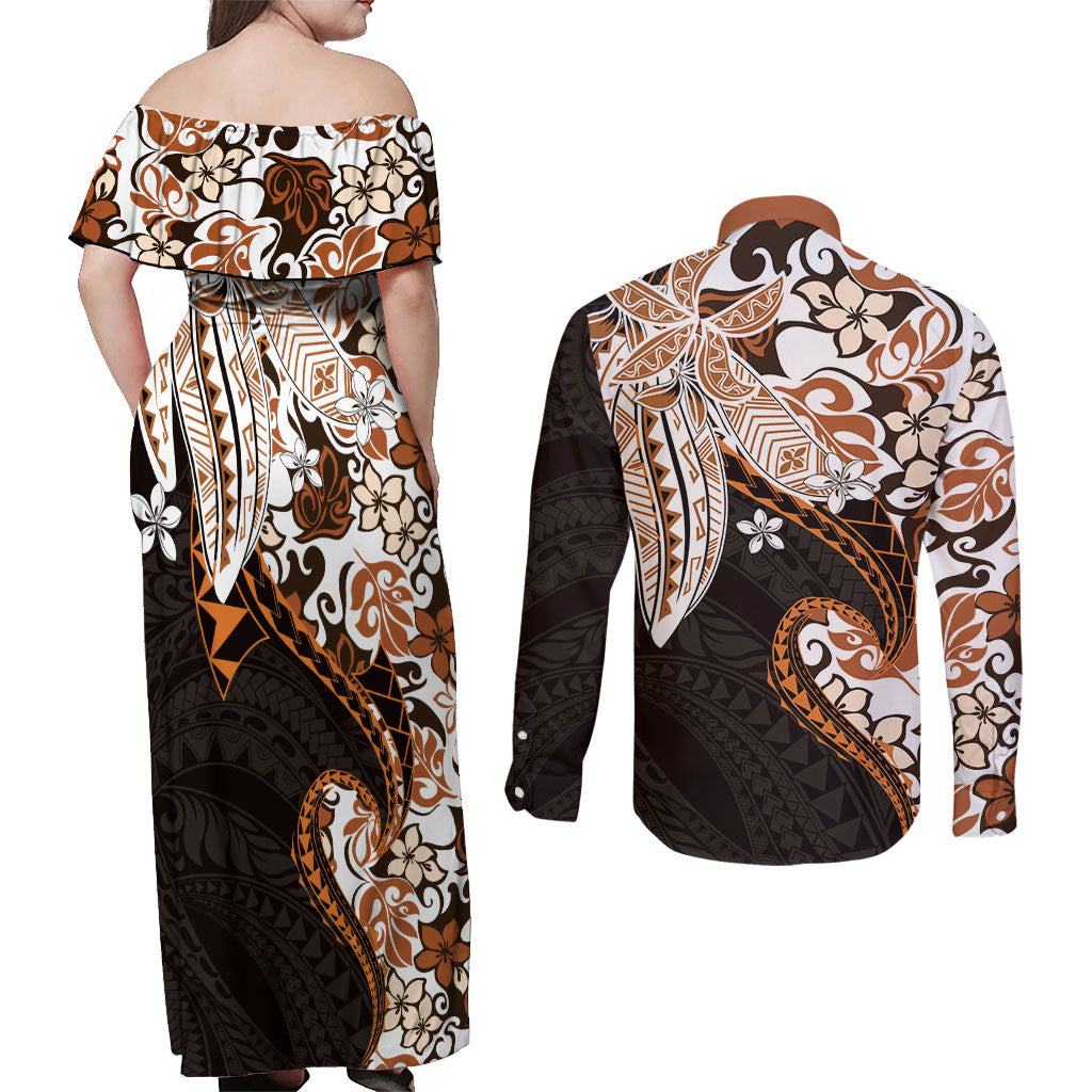 Monstera Plumeria Flowers Orange Couples Matching Off Shoulder Maxi Dress and Long Sleeve Button Shirt Polynesian Pattern LT01 - Polynesian Pride