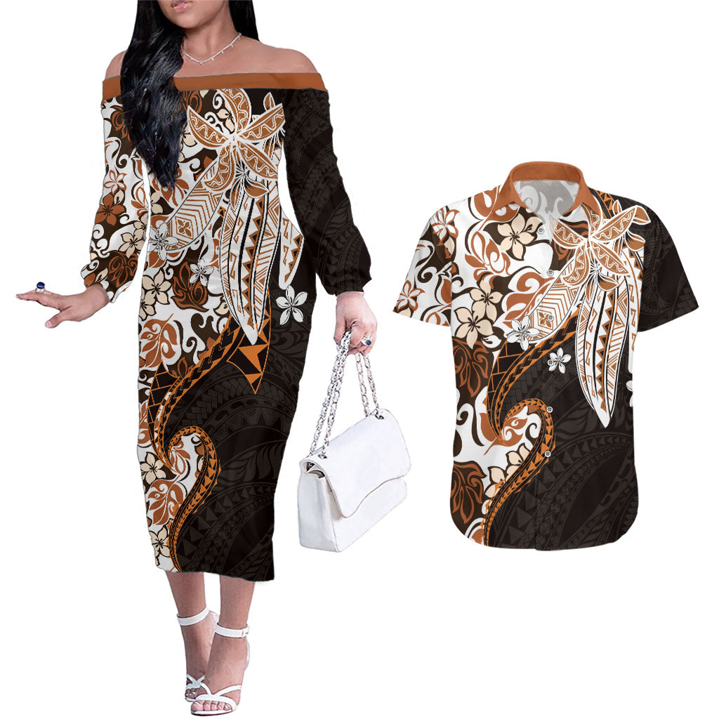 Monstera Plumeria Flowers Orange Couples Matching Off The Shoulder Long Sleeve Dress and Hawaiian Shirt Polynesian Pattern