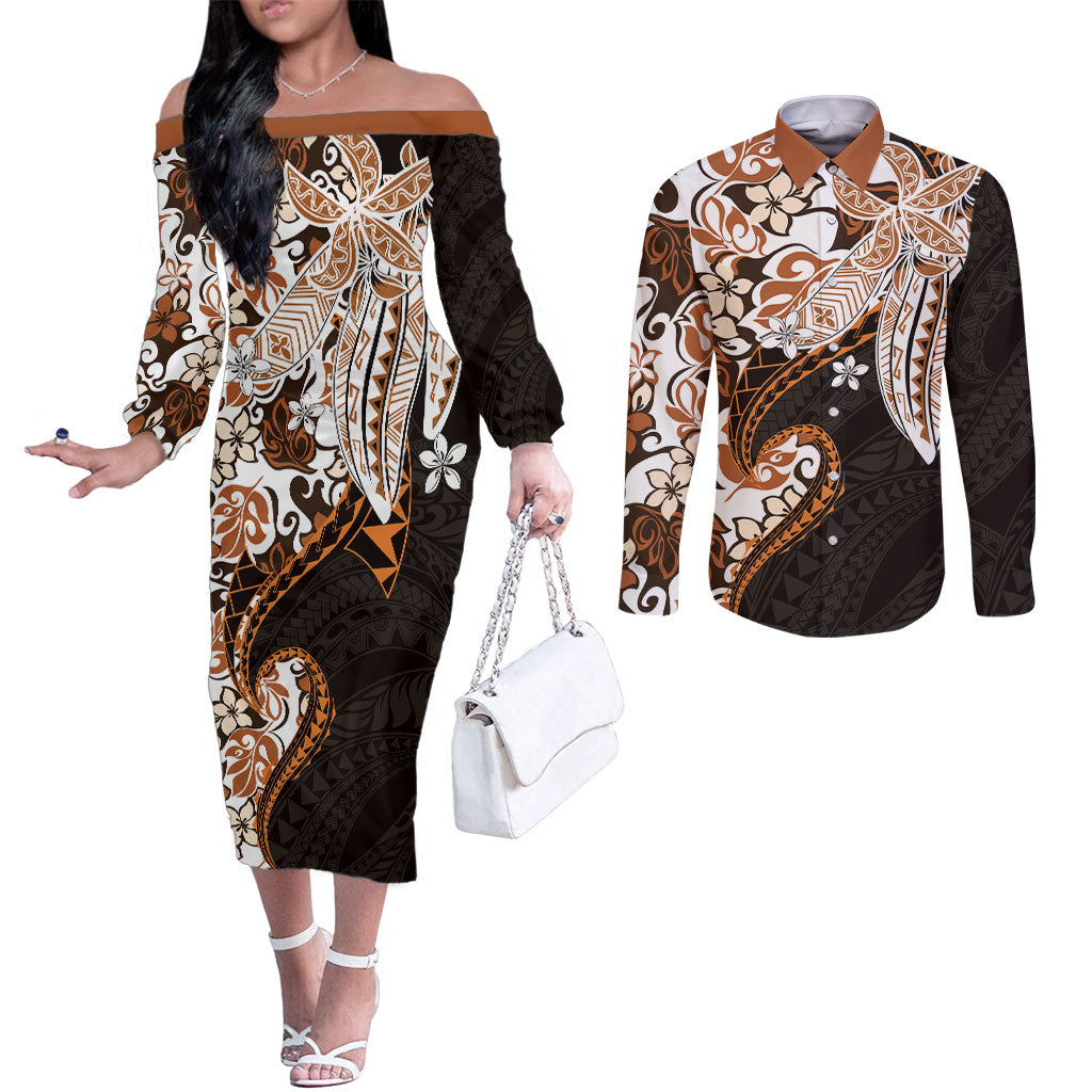 Monstera Plumeria Flowers Orange Couples Matching Off The Shoulder Long Sleeve Dress and Long Sleeve Button Shirt Polynesian Pattern LT01 Orange - Polynesian Pride