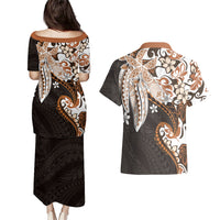 Monstera Plumeria Flowers Orange Couples Matching Puletasi and Hawaiian Shirt Polynesian Pattern LT01 - Polynesian Pride