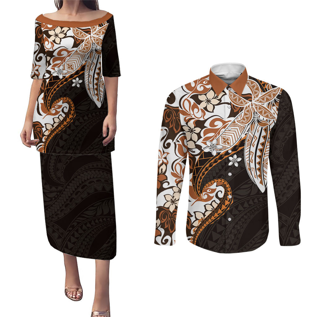 Monstera Plumeria Flowers Orange Couples Matching Puletasi and Long Sleeve Button Shirt Polynesian Pattern LT01 Orange - Polynesian Pride