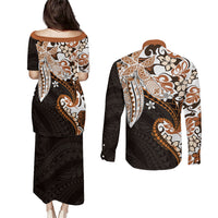 Monstera Plumeria Flowers Orange Couples Matching Puletasi and Long Sleeve Button Shirt Polynesian Pattern LT01 - Polynesian Pride