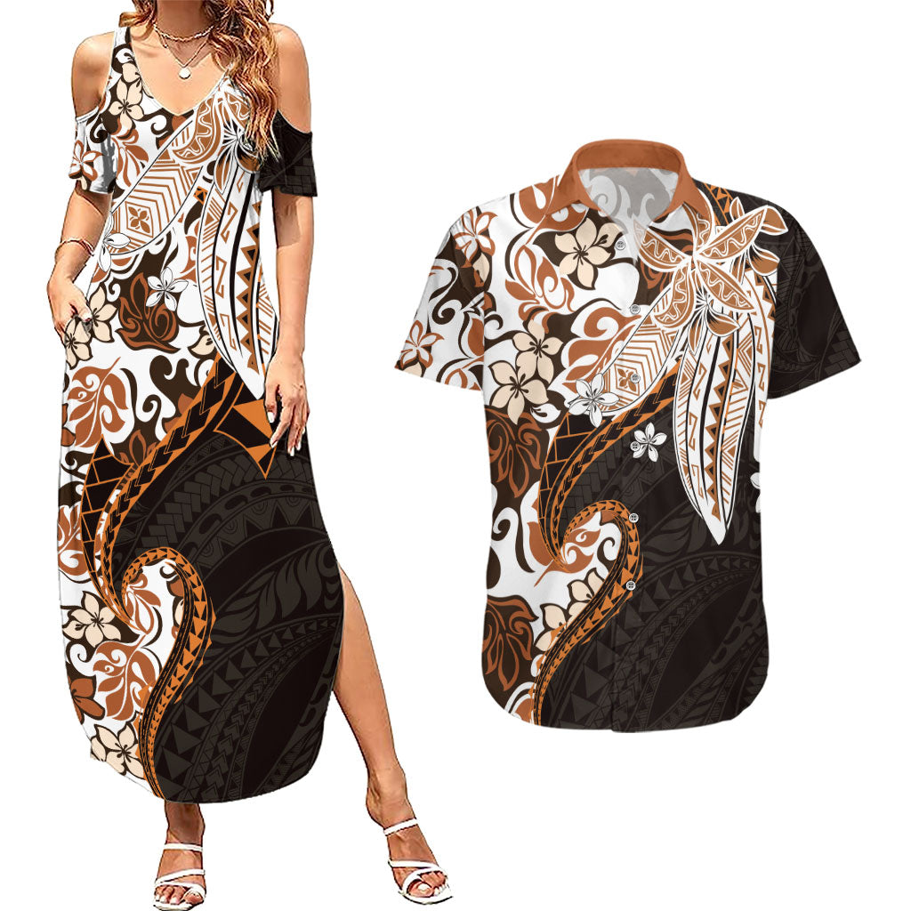 Monstera Plumeria Flowers Orange Couples Matching Summer Maxi Dress and Hawaiian Shirt Polynesian Pattern LT01 Orange - Polynesian Pride