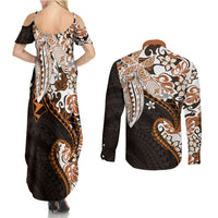 Monstera Plumeria Flowers Orange Couples Matching Summer Maxi Dress and Long Sleeve Button Shirt Polynesian Pattern LT01 - Polynesian Pride