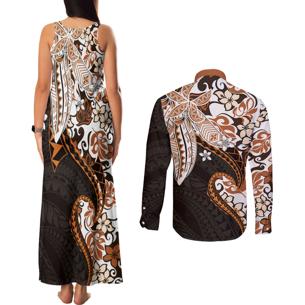 Monstera Plumeria Flowers Orange Couples Matching Tank Maxi Dress and Long Sleeve Button Shirt Polynesian Pattern LT01 - Polynesian Pride