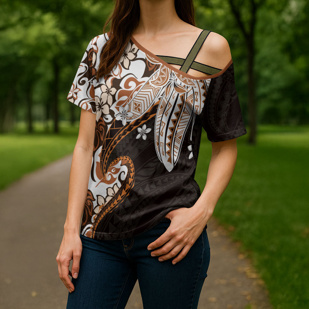 Monstera Plumeria Flowers Orange Cross Shoulder Shirt Polynesian Pattern LT01 - Polynesian Pride