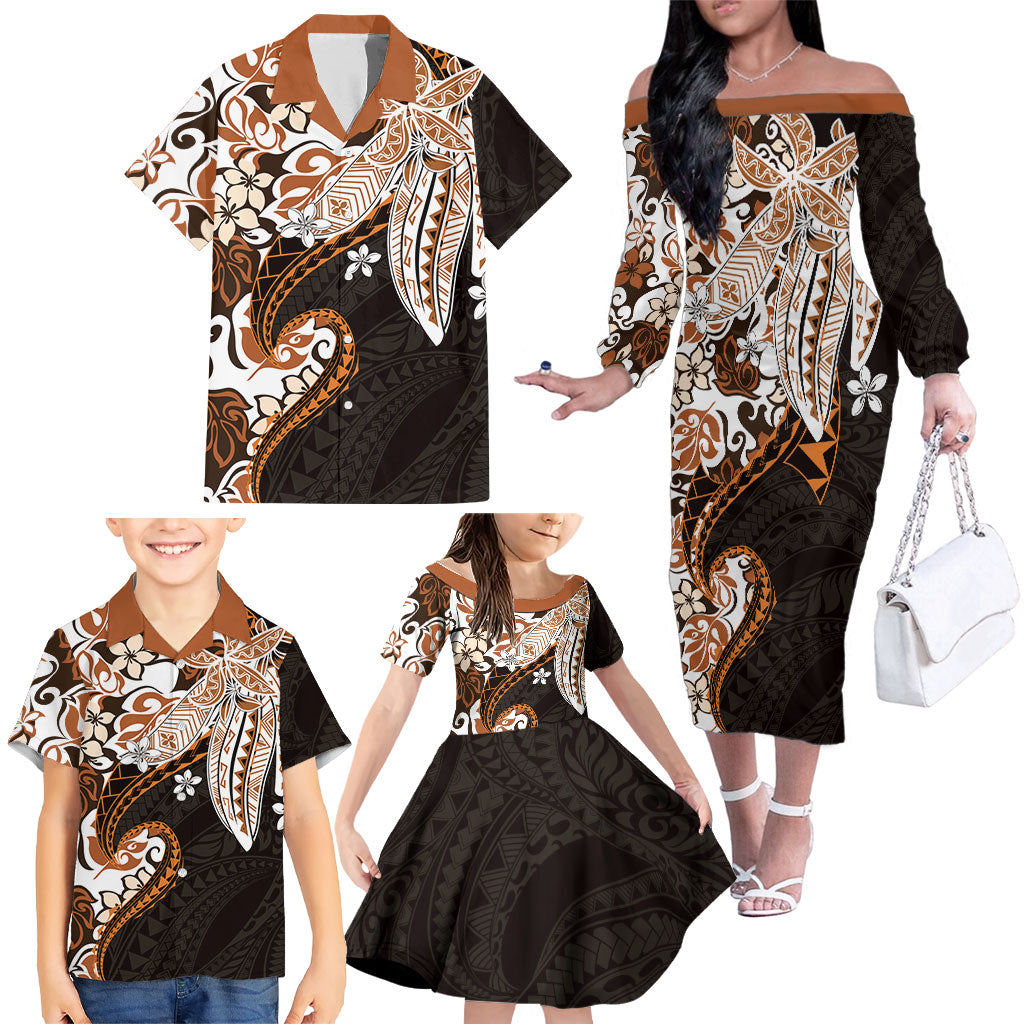 Monstera Plumeria Flowers Orange Family Matching Off The Shoulder Long Sleeve Dress and Hawaiian Shirt Polynesian Pattern LT01 - Polynesian Pride
