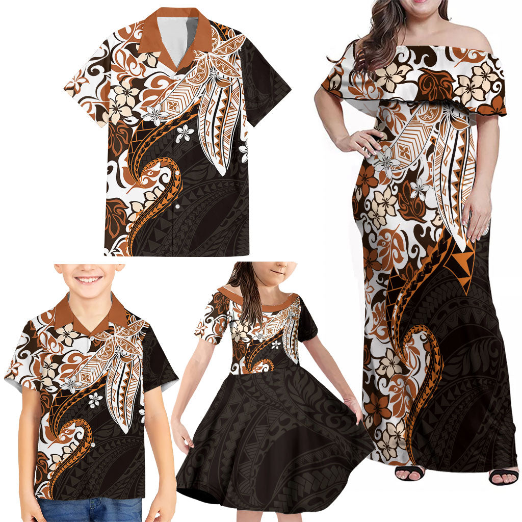Monstera Plumeria Flowers Orange Family Matching Off Shoulder Maxi Dress and Hawaiian Shirt Polynesian Pattern