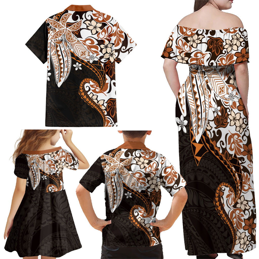 Monstera Plumeria Flowers Orange Family Matching Off Shoulder Maxi Dress and Hawaiian Shirt Polynesian Pattern