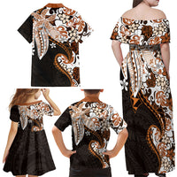 Monstera Plumeria Flowers Orange Family Matching Off Shoulder Maxi Dress and Hawaiian Shirt Polynesian Pattern