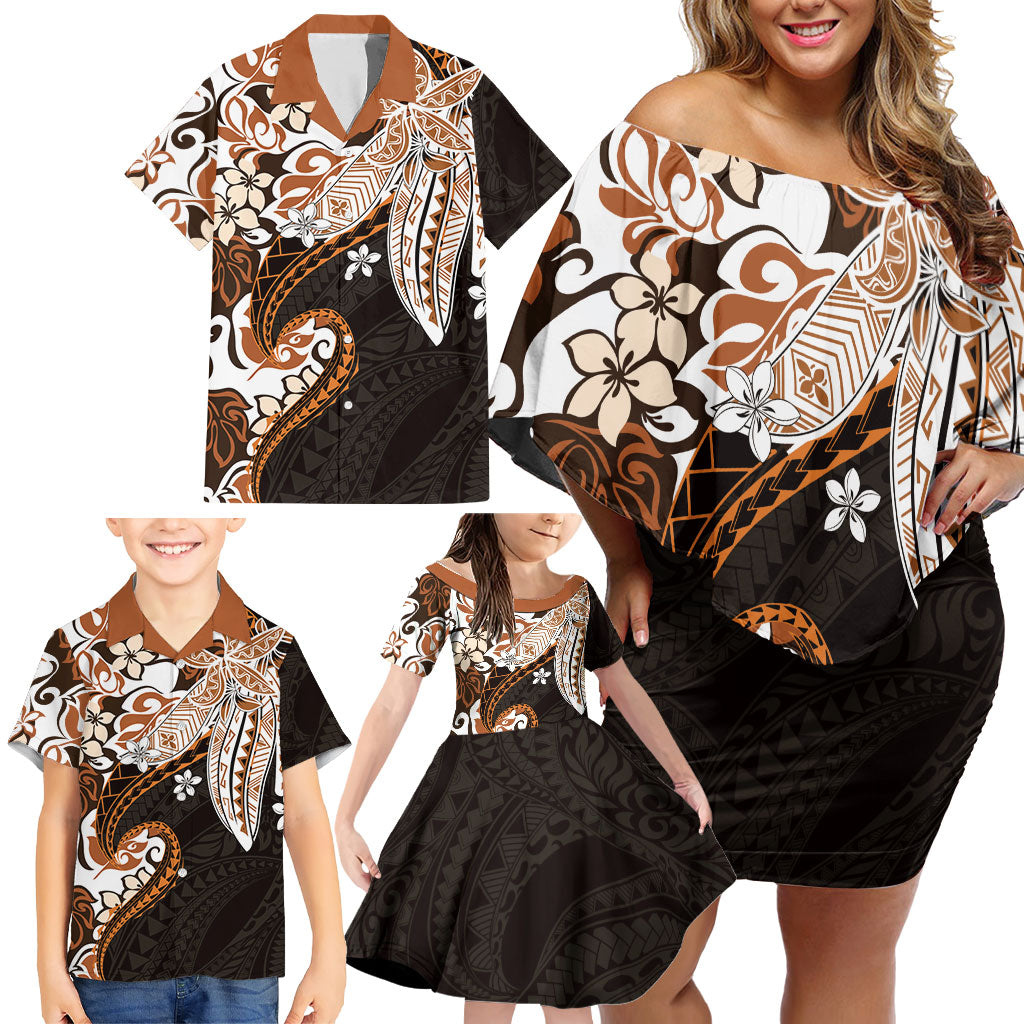 Monstera Plumeria Flowers Orange Family Matching Off Shoulder Short Dress and Hawaiian Shirt Polynesian Pattern LT01 - Polynesian Pride