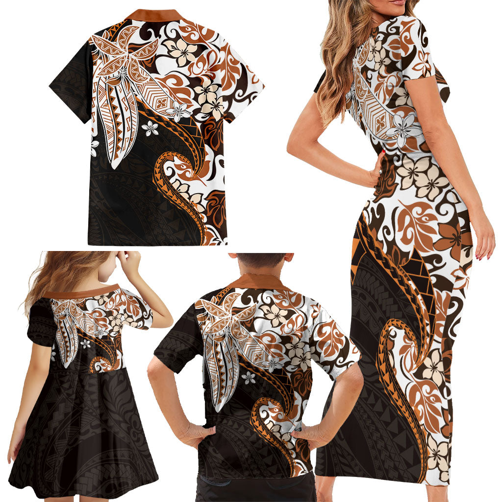 Monstera Plumeria Flowers Orange Family Matching Short Sleeve Bodycon Dress and Hawaiian Shirt Polynesian Pattern