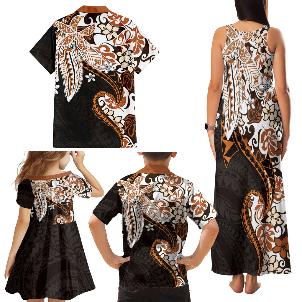 Monstera Plumeria Flowers Orange Family Matching Tank Maxi Dress and Hawaiian Shirt Polynesian Pattern