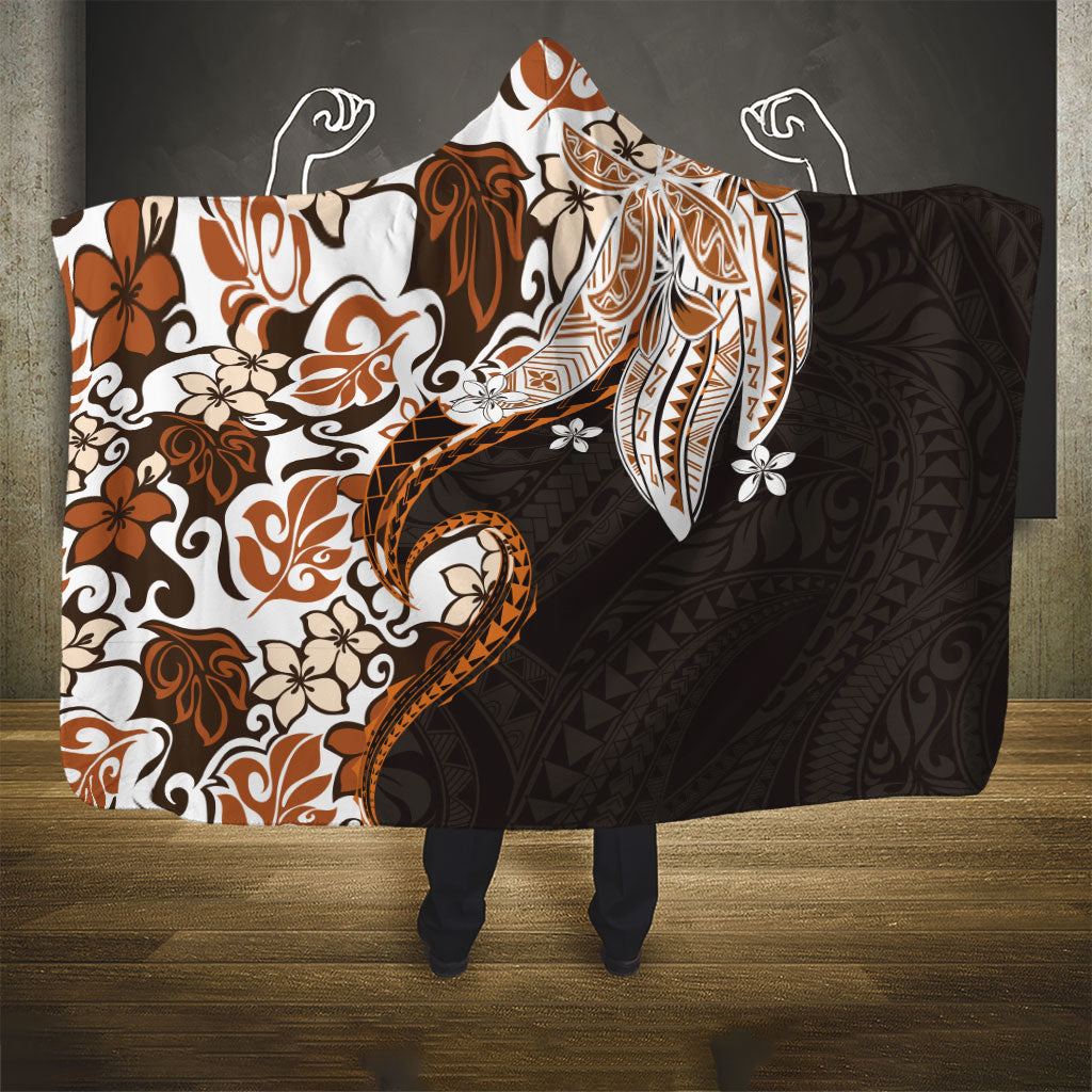 Monstera Plumeria Flowers Orange Hooded Blanket Polynesian Pattern