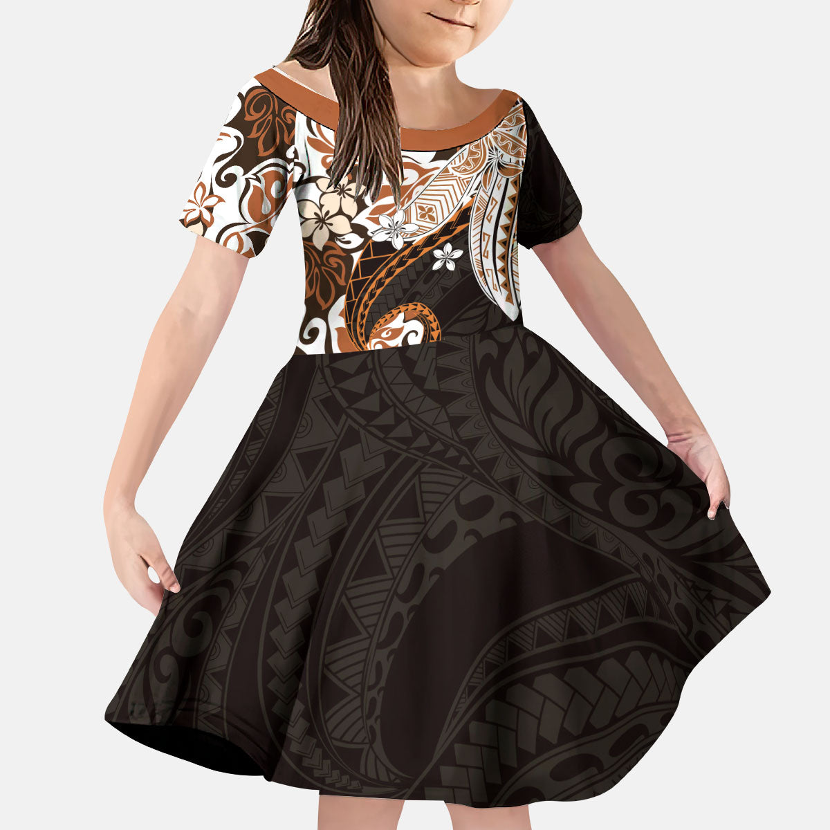 Monstera Plumeria Flowers Orange Kid Short Sleeve Dress Polynesian Pattern