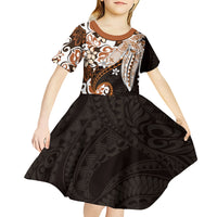 Monstera Plumeria Flowers Orange Kid Short Sleeve Dress Polynesian Pattern