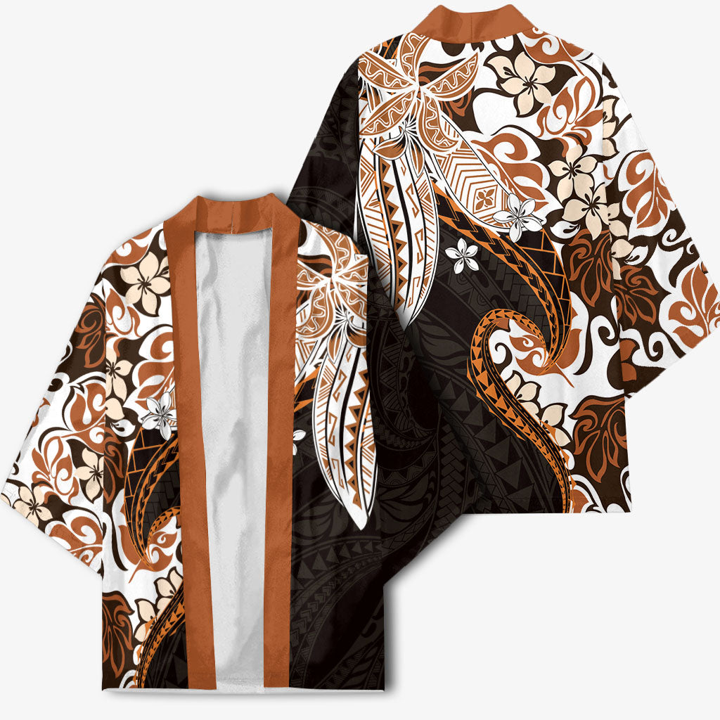Monstera Plumeria Flowers Orange Kimono Polynesian Pattern