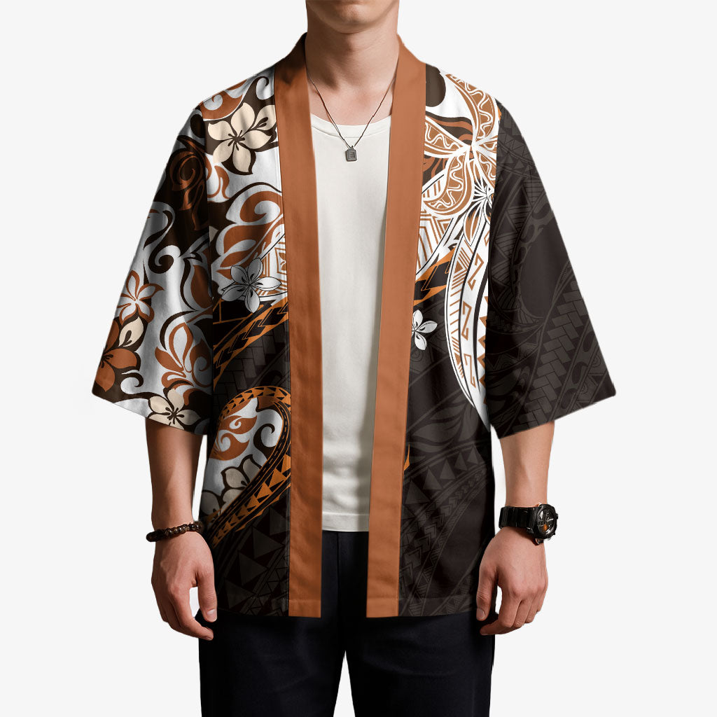 Monstera Plumeria Flowers Orange Kimono Polynesian Pattern
