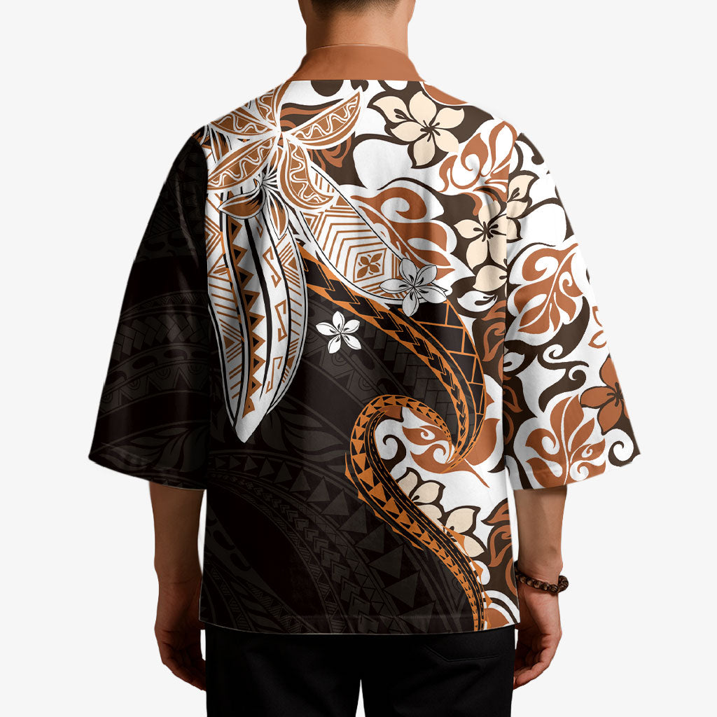 Monstera Plumeria Flowers Orange Kimono Polynesian Pattern