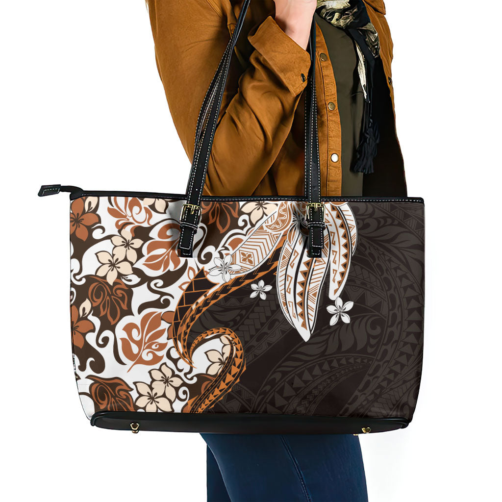 Monstera Plumeria Flowers Orange Leather Tote Bag Polynesian Pattern LT01 - Polynesian Pride
