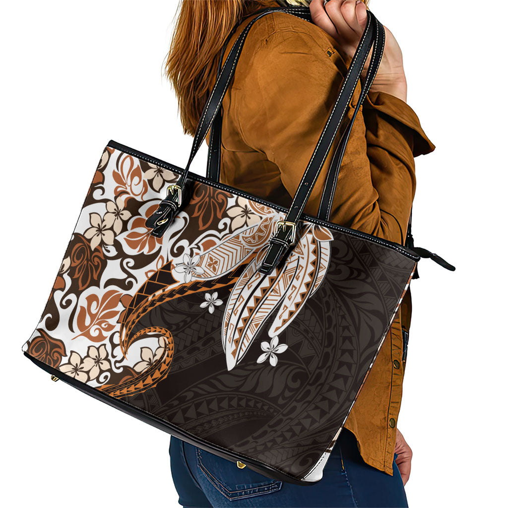 Monstera Plumeria Flowers Orange Leather Tote Bag Polynesian Pattern LT01 - Polynesian Pride