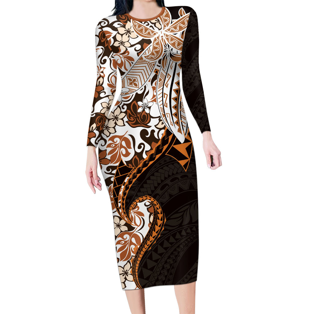 Monstera Plumeria Flowers Orange Long Sleeve Bodycon Dress Polynesian Pattern LT01 Long Dress Orange - Polynesian Pride