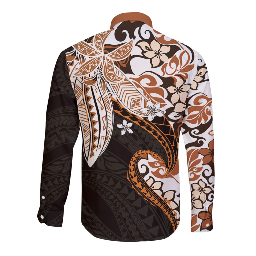 Monstera Plumeria Flowers Orange Long Sleeve Button Shirt Polynesian Pattern LT01 - Polynesian Pride