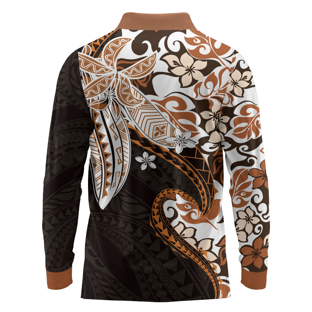 Monstera Plumeria Flowers Orange Long Sleeve Polo Shirt Polynesian Pattern LT01 - Polynesian Pride