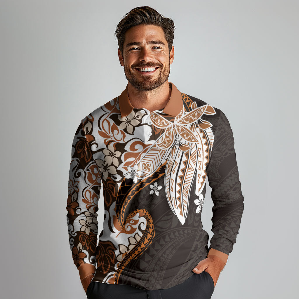 Monstera Plumeria Flowers Orange Long Sleeve Polo Shirt Polynesian Pattern LT01 - Polynesian Pride