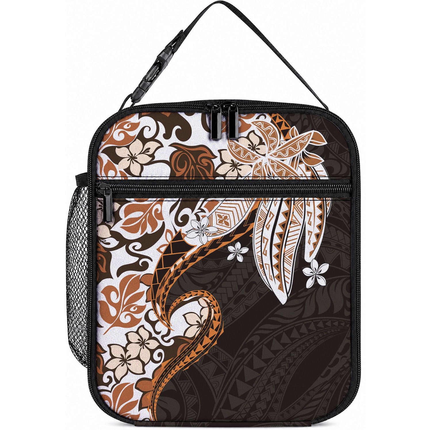 Monstera Plumeria Flowers Orange Lunch Bag Polynesian Pattern