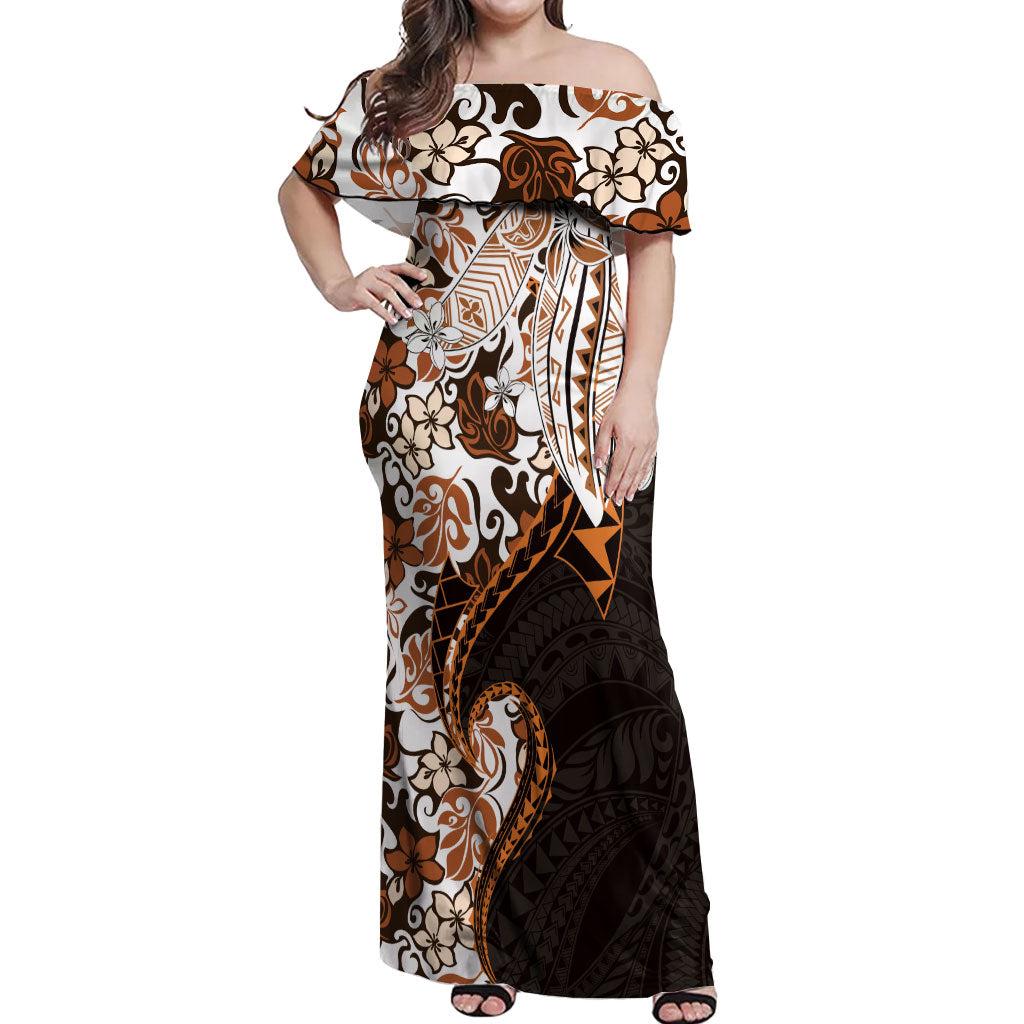 Monstera Plumeria Flowers Orange Off Shoulder Maxi Dress Polynesian Pattern